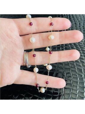 10k Gold Jacmel Mauritius Pearl & Garnet Bead Chain Necklace JCM